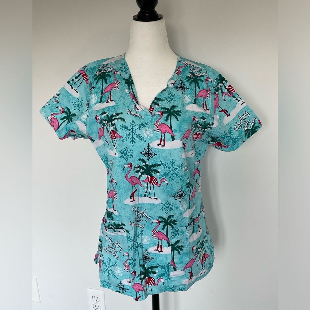 Cherokee Flamingo Winter Theme Scrub Top - Size Medium - Pink/Blue/Green